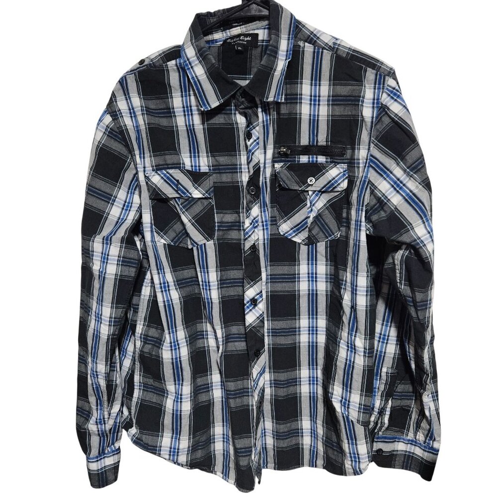 Eighty Eight Platinum Plaid Button Up Shirt Mens Size XL Black Blue Long Sleeve